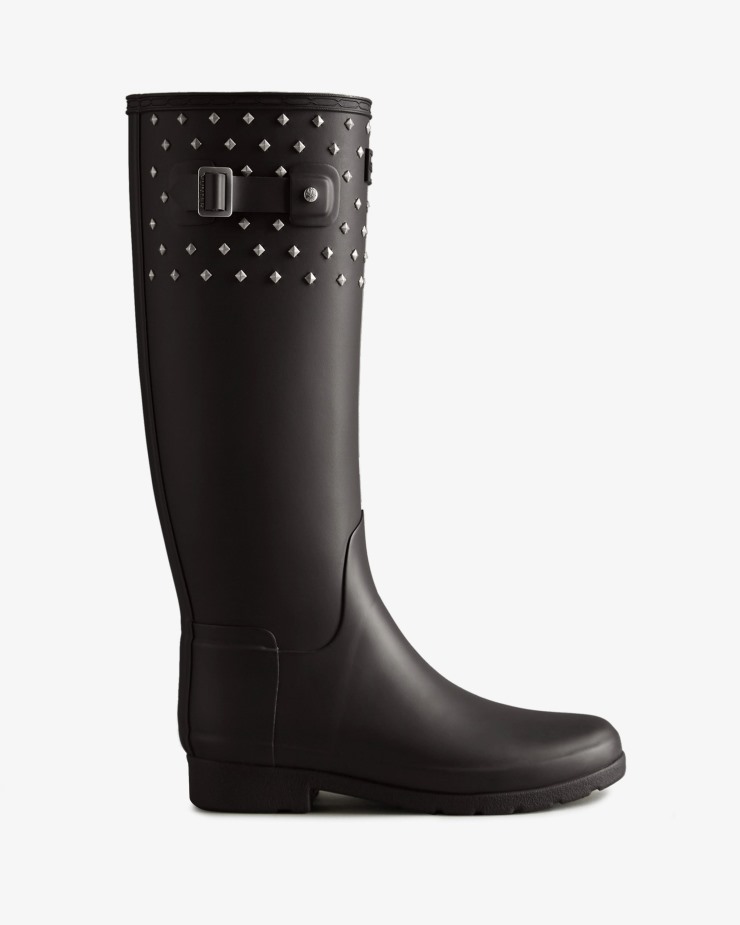 Hunter - Botas De Lluvia Para Mujer, Corte Ajustado, Alto, Con Puños De Tachuelas, Color Negro
