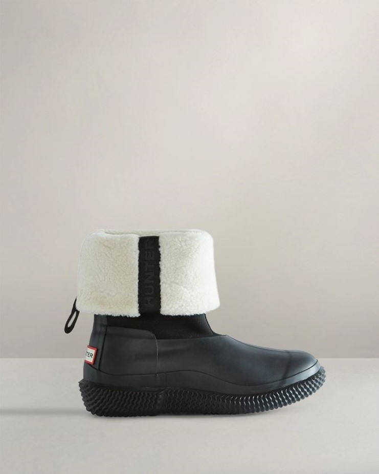 Hunter Botas De Piel De Oveja Vegana Con Correa Superior Enrollable Aislada Para Mujer Sauce Blanco Y Negro